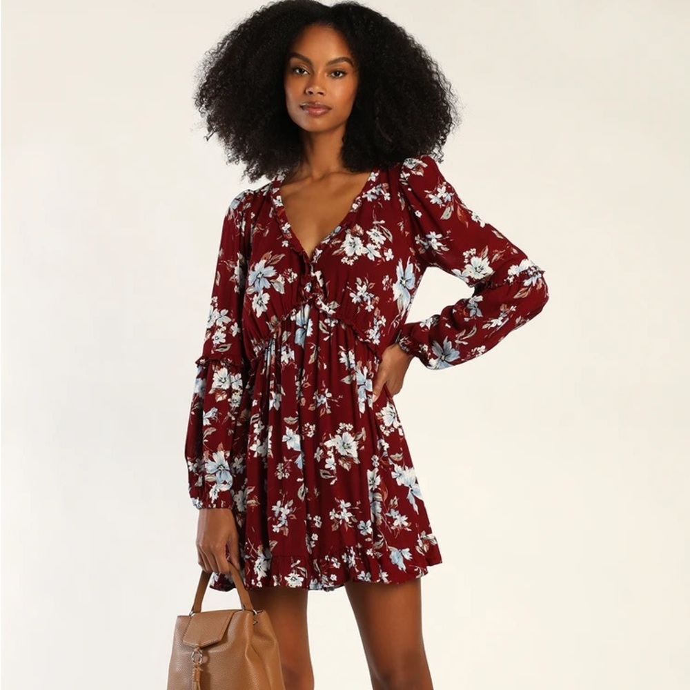 Lulu’s Brand NEW Lovely Blooms Burgundy Floral Print Long Sleeve Babydoll Dress